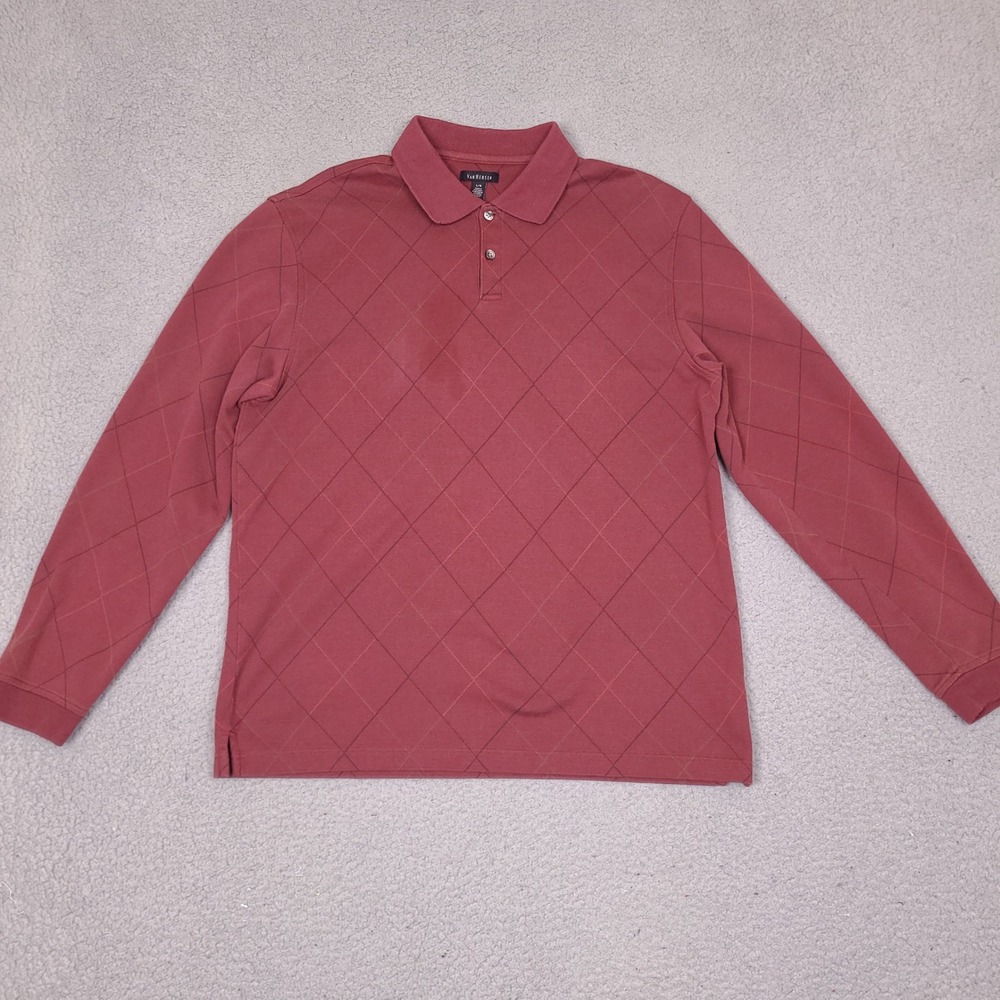 Van‎ Heusen Mens Long Sleeve Polo Shirt Large Burgundy Red Diamond Grid Knit